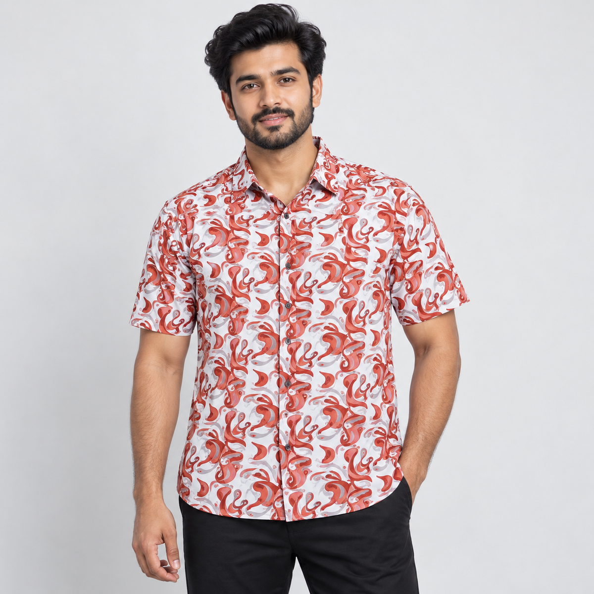 Model wearing the white and rust swirl print shirt