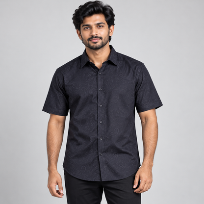 Tonal Paisley Half Sleeve Shirt - Dark Navy — model wearing front