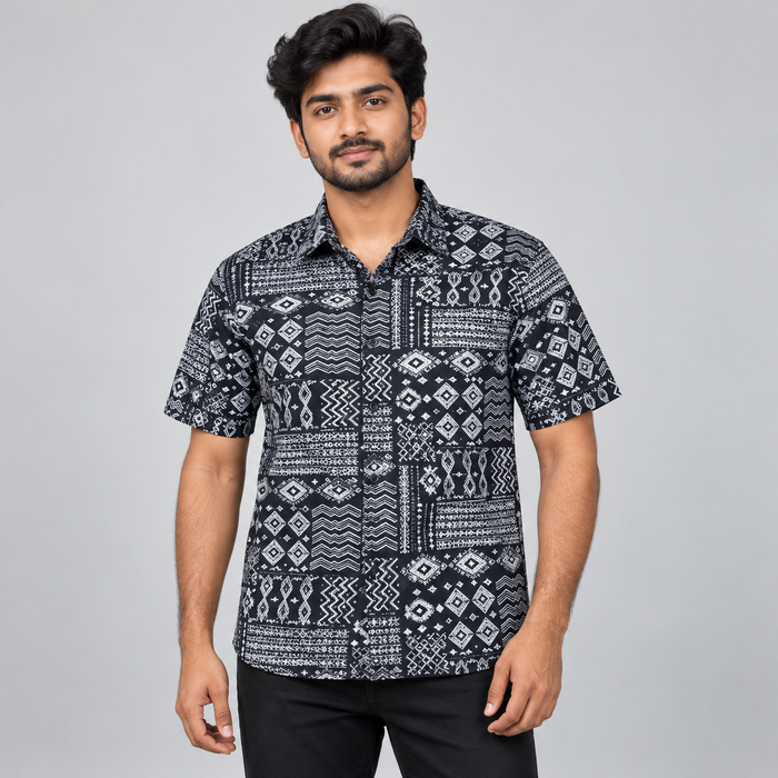 Geometric Patchwork Half Sleeve Shirt - Black White