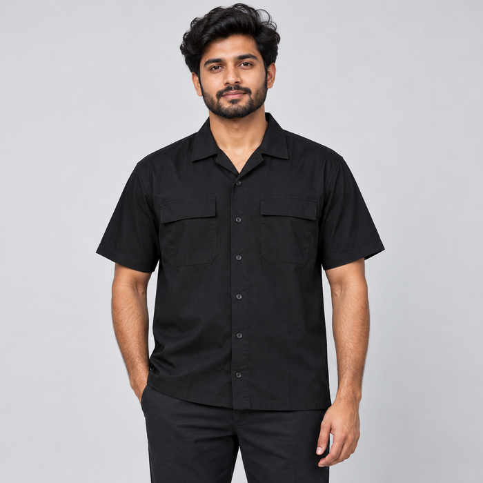 Double Flap Pocket Half Sleeve Shirt - Black