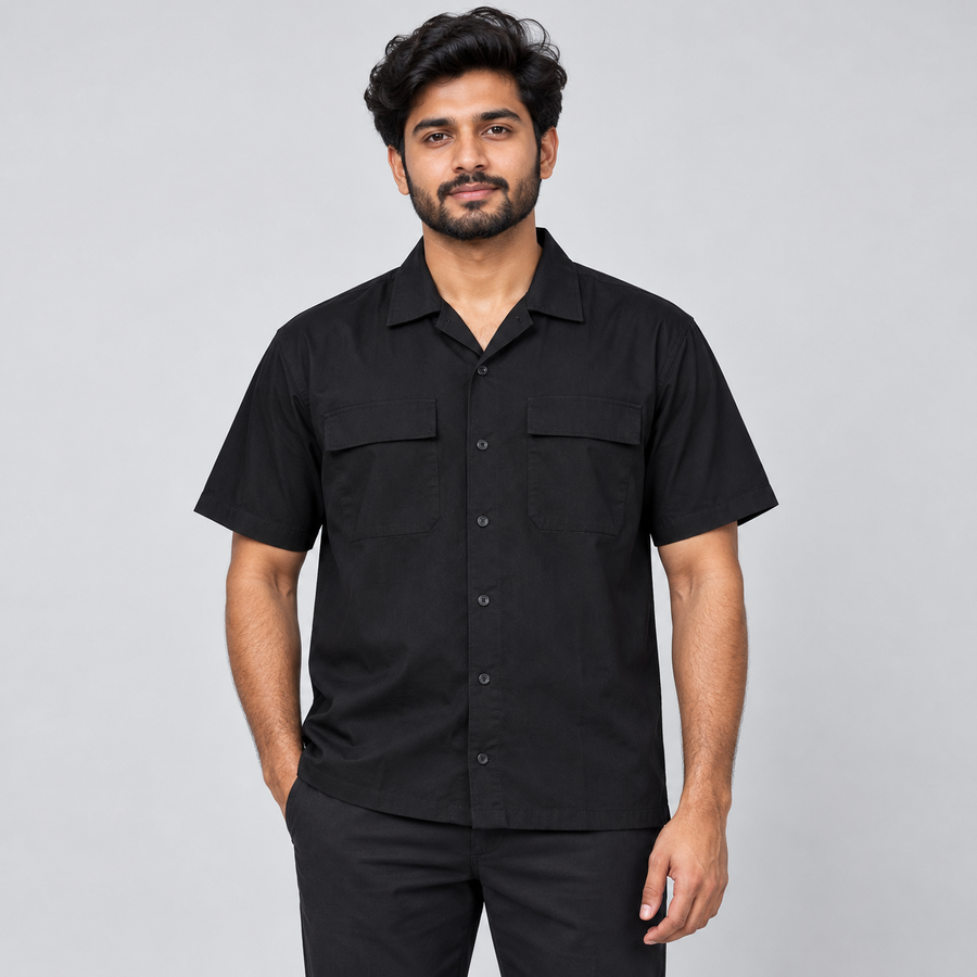 Double Flap Pocket Half Sleeve Shirt - Black — model wearing front