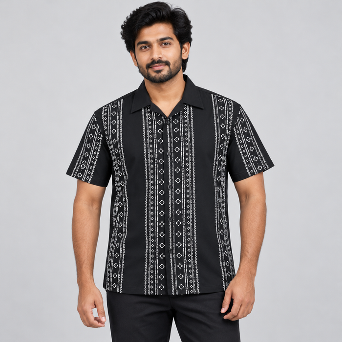Vertical Folk Print Half Sleeve Shirt - Black White