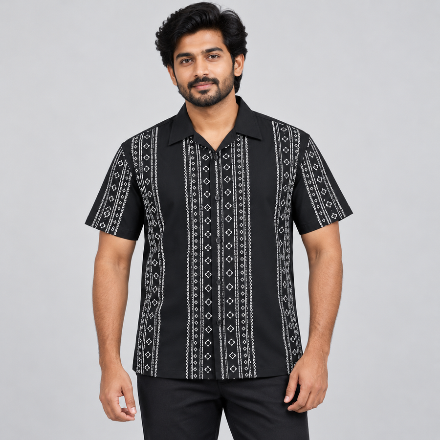 Vertical Folk Print Half Sleeve Shirt - Black White — model wearing front