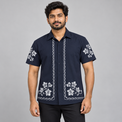 Floral Border Half Sleeve Shirt - Dark Navy — model wearing front