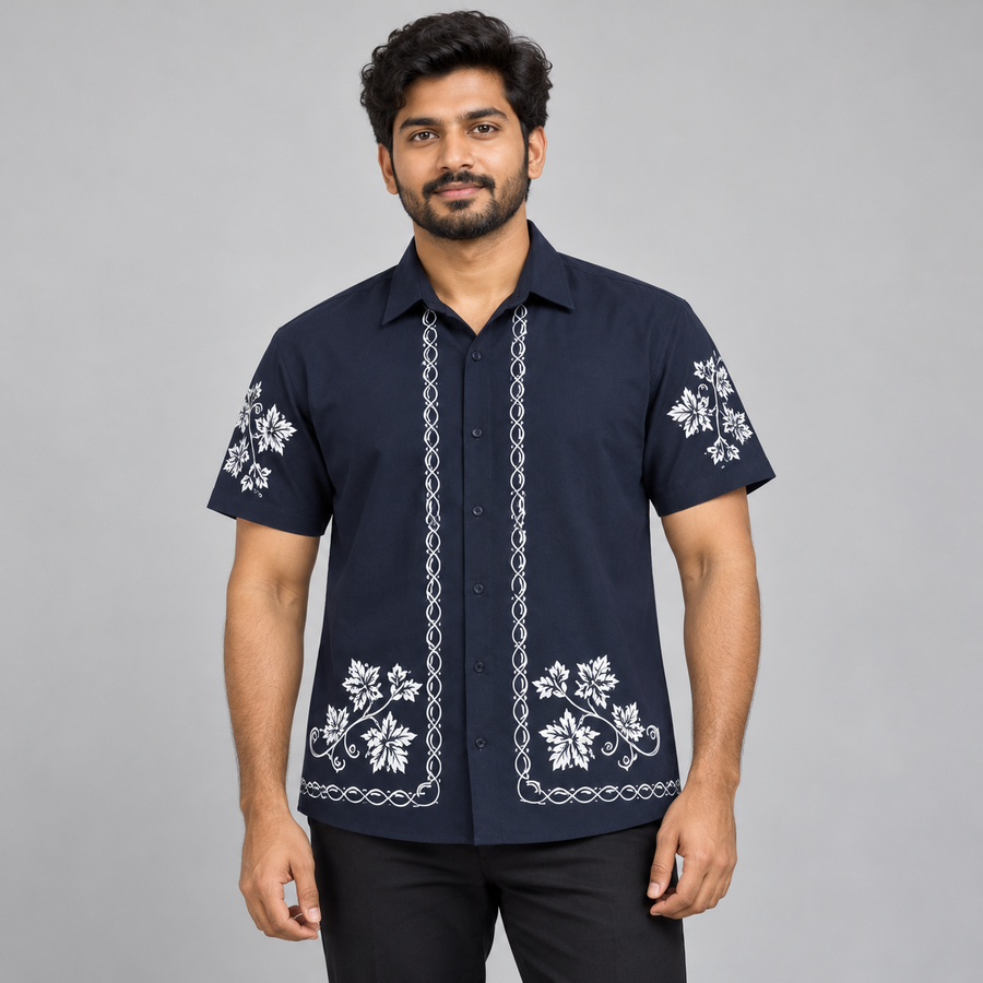 Floral Border Half Sleeve Shirt - Dark Navy — model wearing front