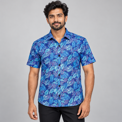 Tropical Leaf Half Sleeve Shirt - Blue Pink — model wearing front