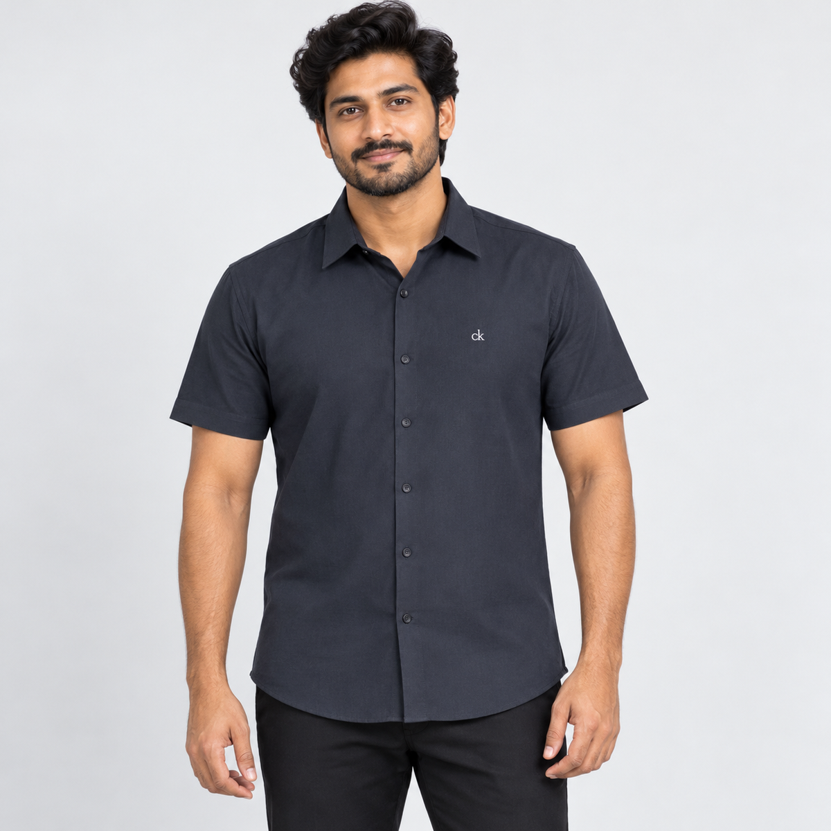 Chest Monogram Half Sleeve Shirt - Charcoal Grey — model wearing front