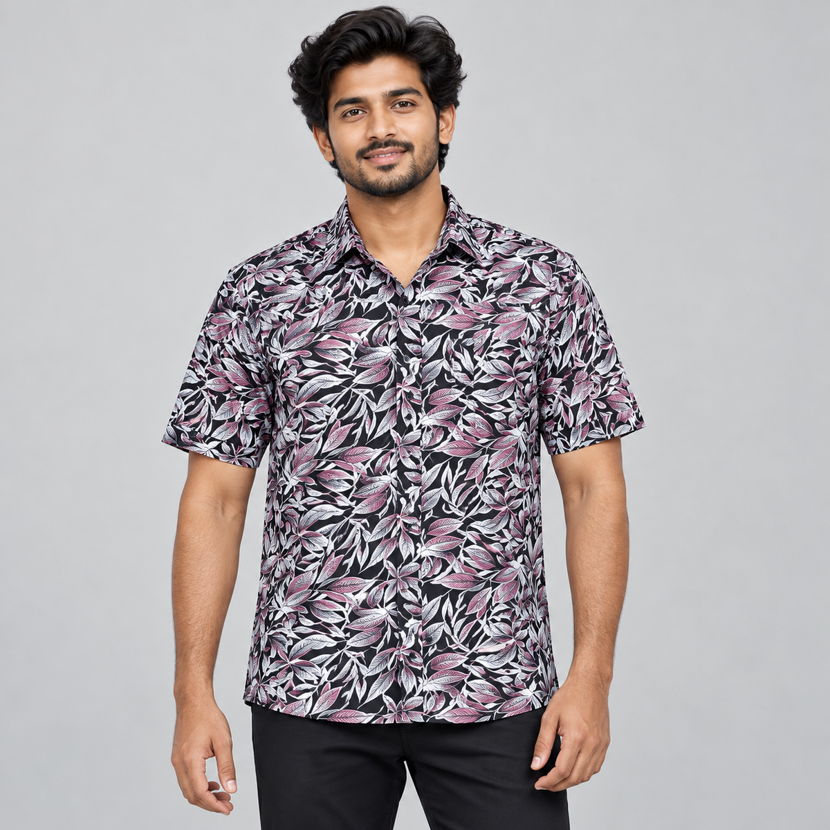 Leaf Print Half Sleeve Shirt - Black Pink White — model wearing front