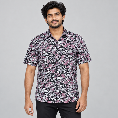 Leaf Print Half Sleeve Shirt - Black Pink White — model wearing front