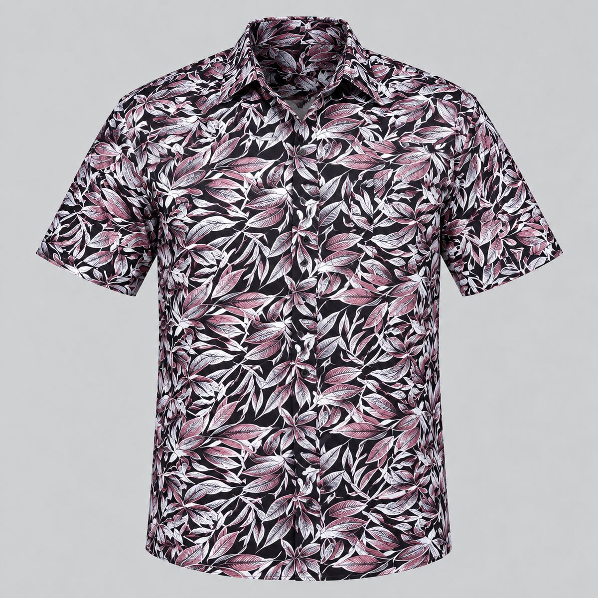 Leaf Print Half Sleeve Shirt - Black Pink White — product front