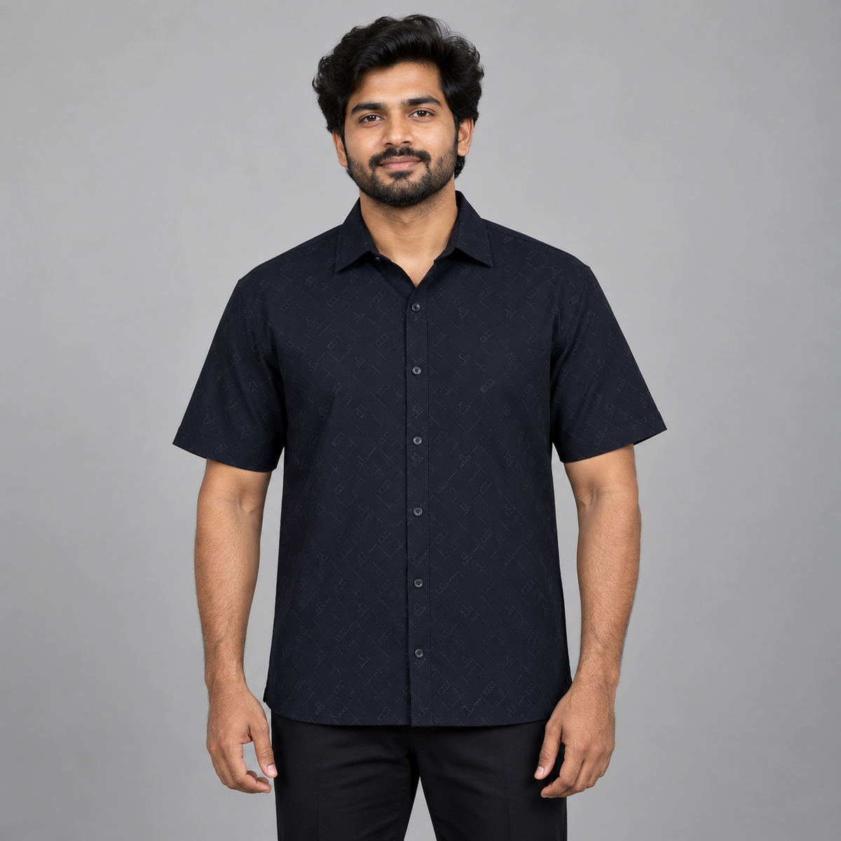 Tonal Geometric Half Sleeve Shirt - Black — model wearing front