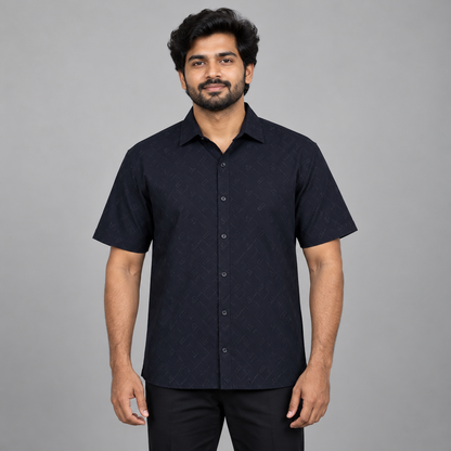 Tonal Geometric Half Sleeve Shirt - Black — model wearing front