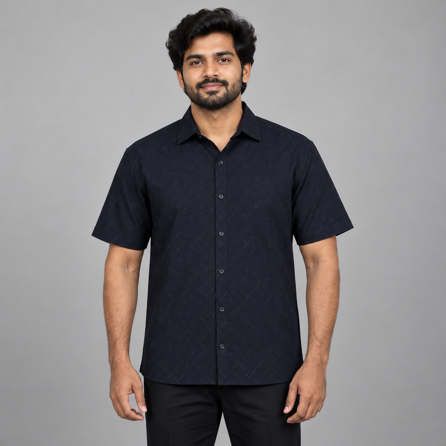 Tonal Geometric Half Sleeve Shirt - Black — model wearing front