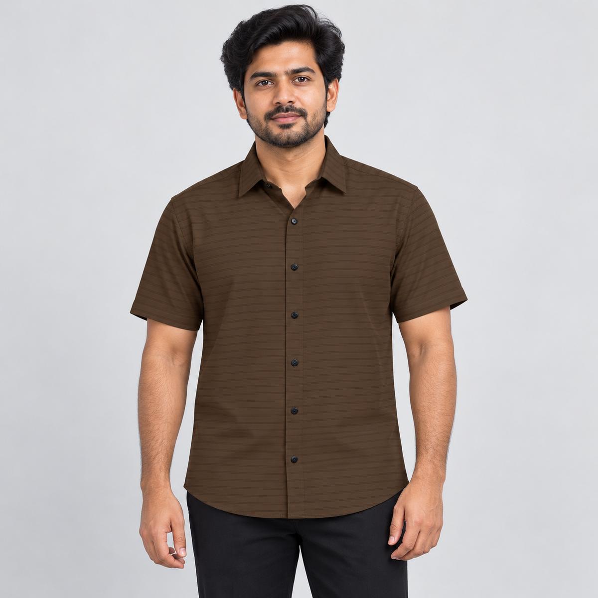 Fine Stripe Half Sleeve Shirt - Brown — model wearing front