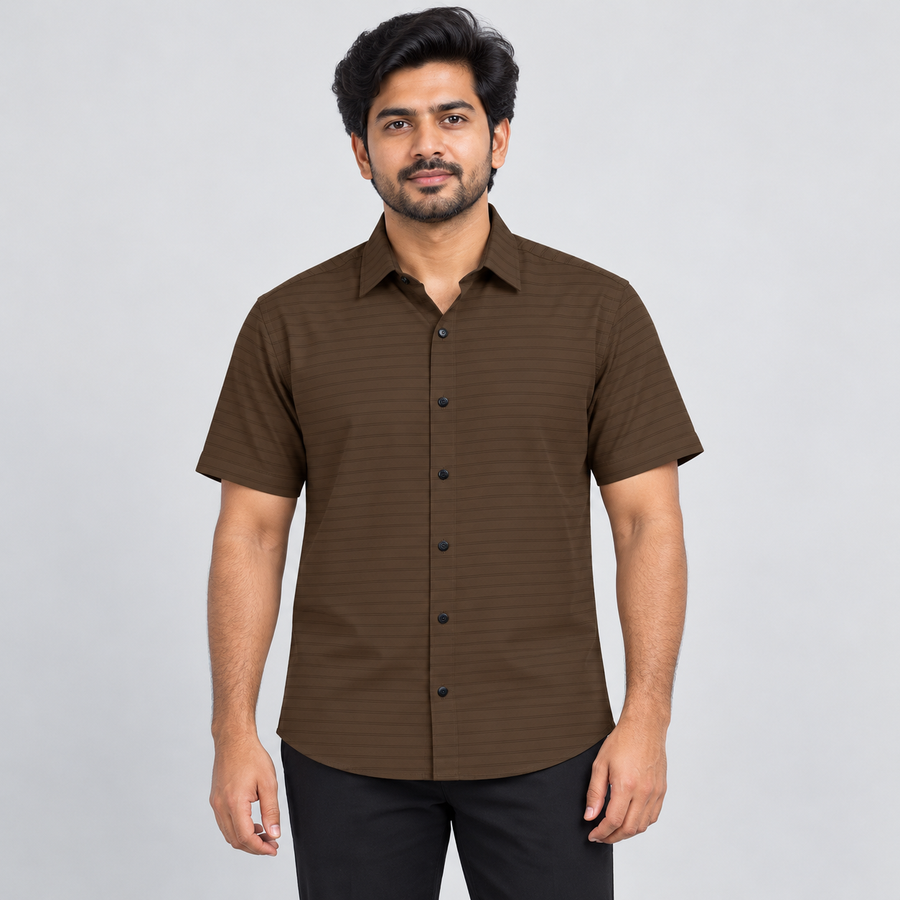Fine Stripe Half Sleeve Shirt - Brown — model wearing front