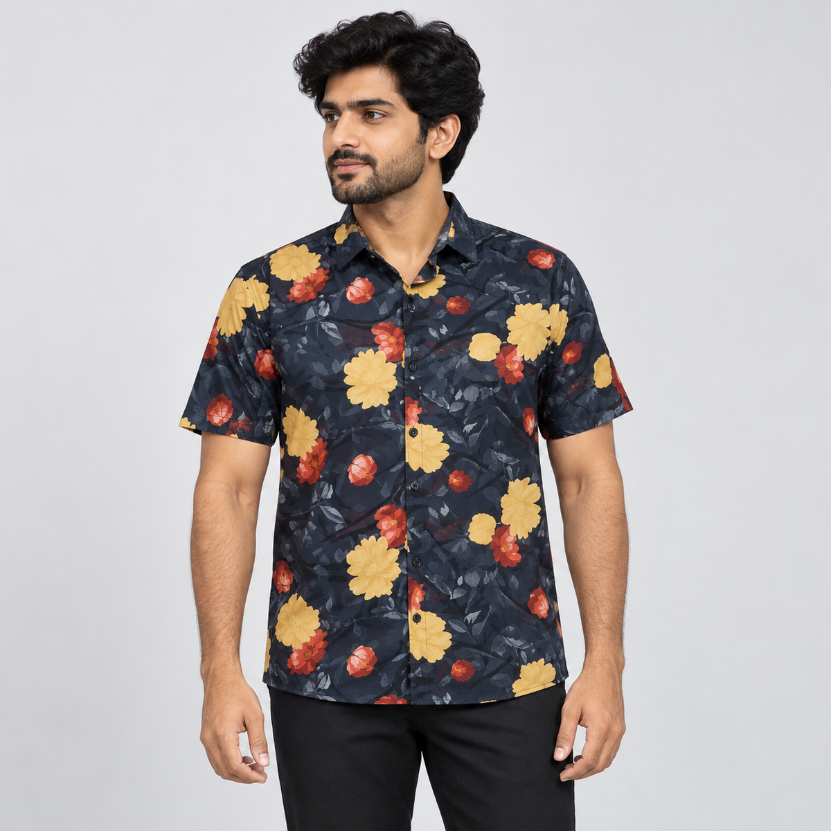 Large Floral Half Sleeve Shirt - Black Mustard — model wearing front