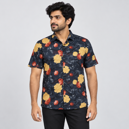 Large Floral Half Sleeve Shirt - Black Mustard — model wearing front