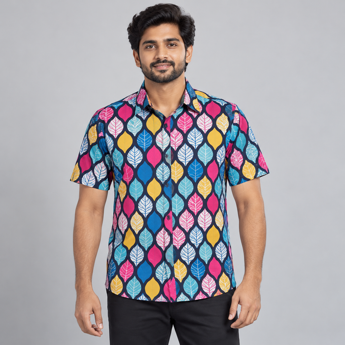Colourful Leaf Motif Half Sleeve Shirt - Multicolour
