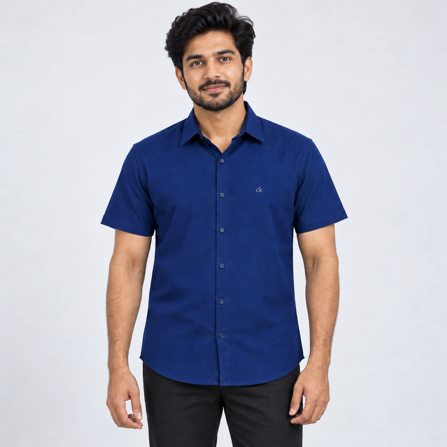 Chest Monogram Half Sleeve Shirt - Royal Blue — model wearing front