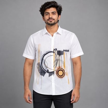Abstract Circle Graphic Half Sleeve Shirt - White — model wearing front