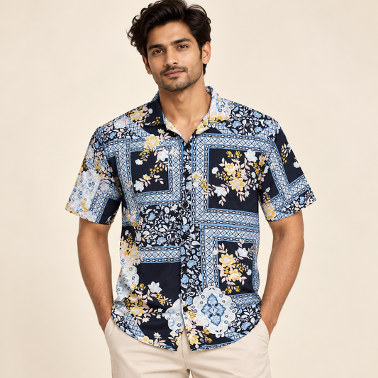 Navy multicolour floral border print short sleeve shirt on an adult model, front view