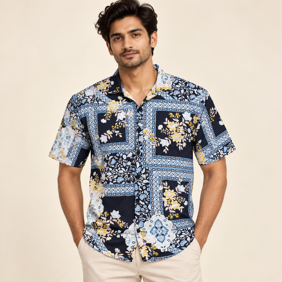Navy multicolour floral border print short sleeve shirt on an adult model, front view