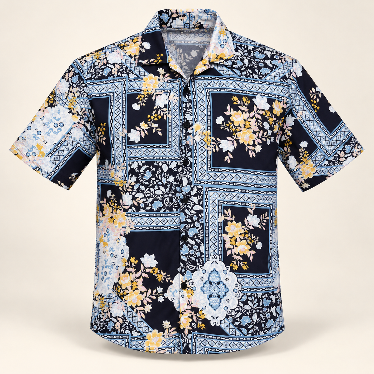 Navy multicolour floral border print short sleeve shirt, dimensional product-only front view