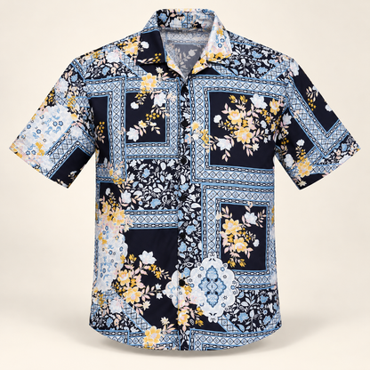 Navy multicolour floral border print short sleeve shirt, dimensional product-only front view