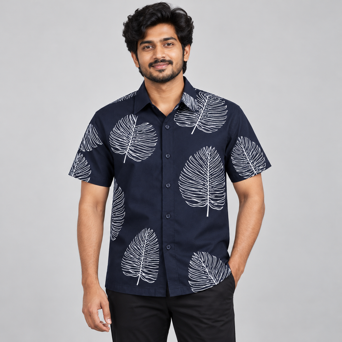 Skeleton Leaf Print Half Sleeve Shirt - Navy White