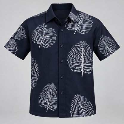 Skeleton Leaf Print Half Sleeve Shirt - Navy White — product front