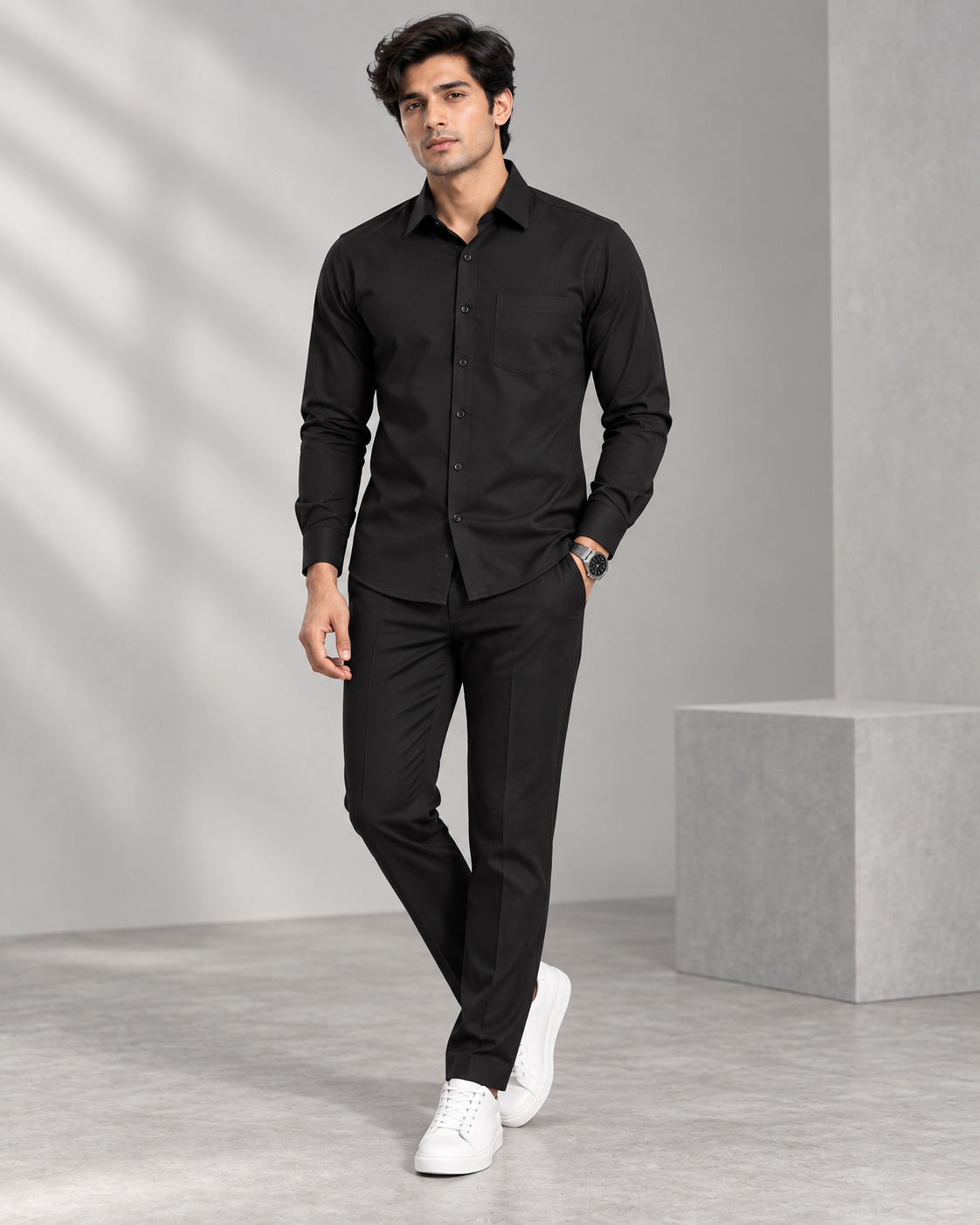 Black men's premium formal shirt with chest pocket