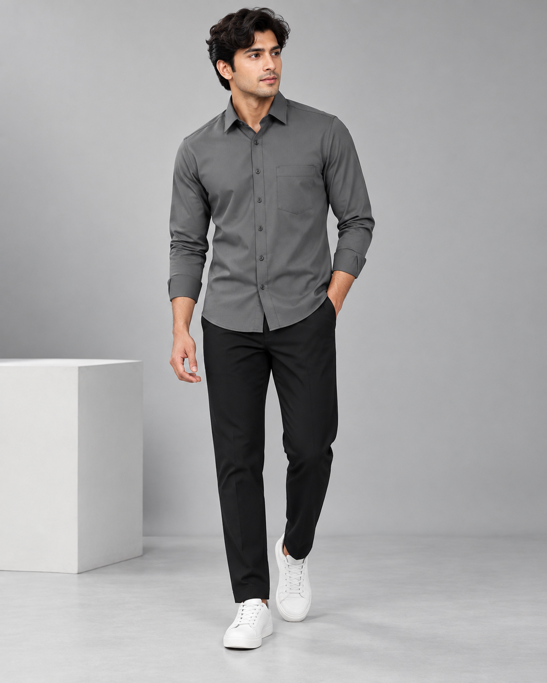 Grey men's premium formal shirt with chest pocket