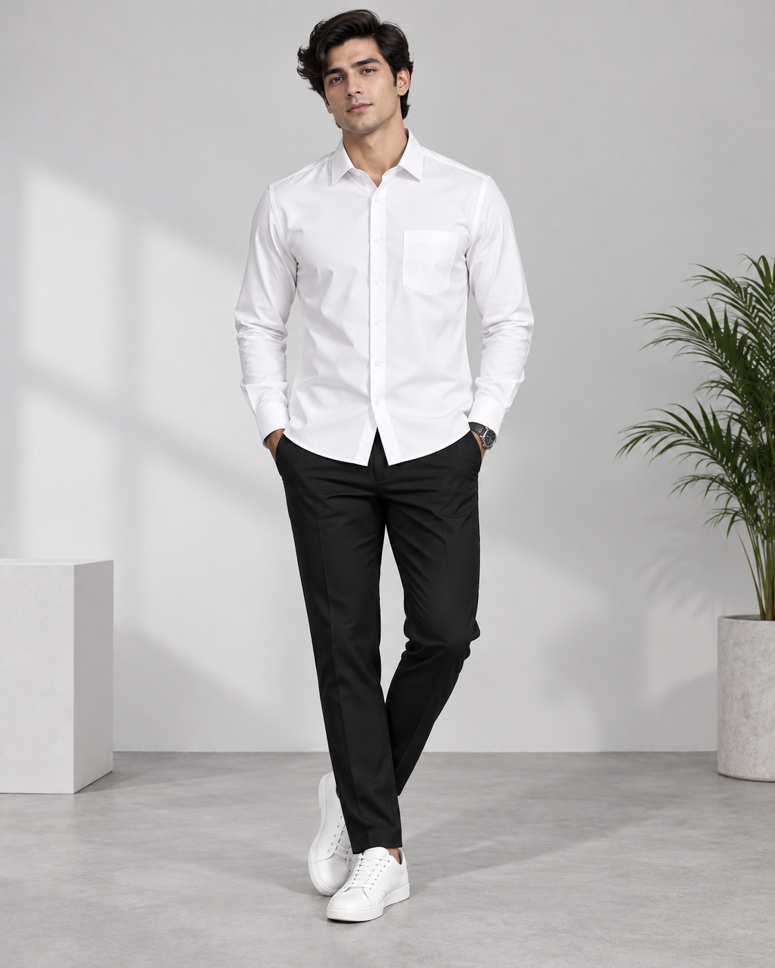 White men's premium formal shirt with chest pocket