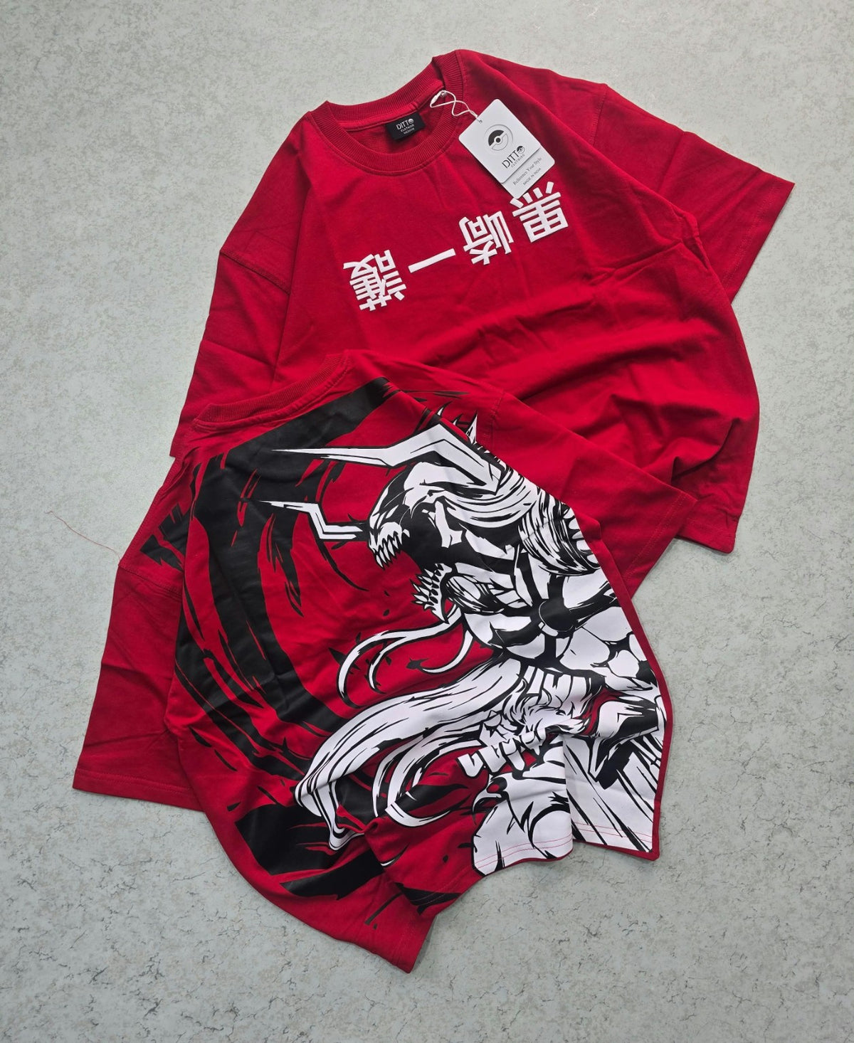 Red Japanese demon warrior back-print T-shirt front and back