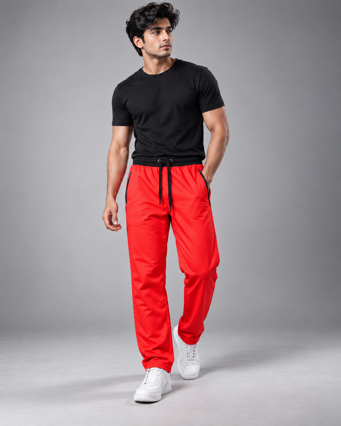 Red men's track pant with black waistband and zip pockets