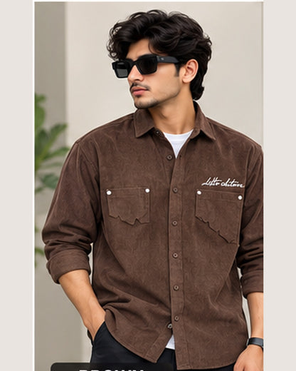 Brown textured full sleeve double pocket shirt on model (styled image)
