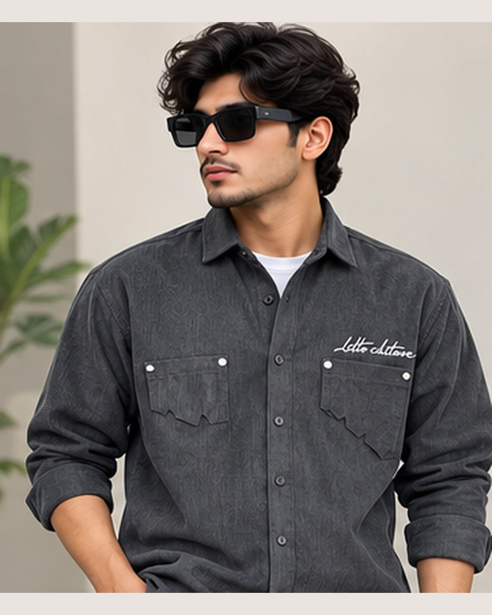 Dark Grey textured full sleeve double pocket shirt on model (styled image)