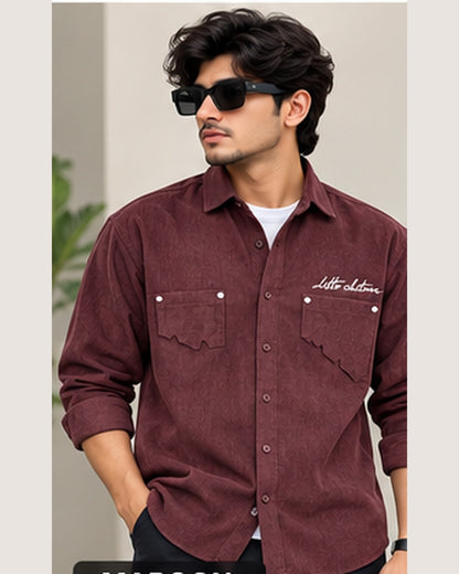 Maroon textured full sleeve double pocket shirt on model (styled image)