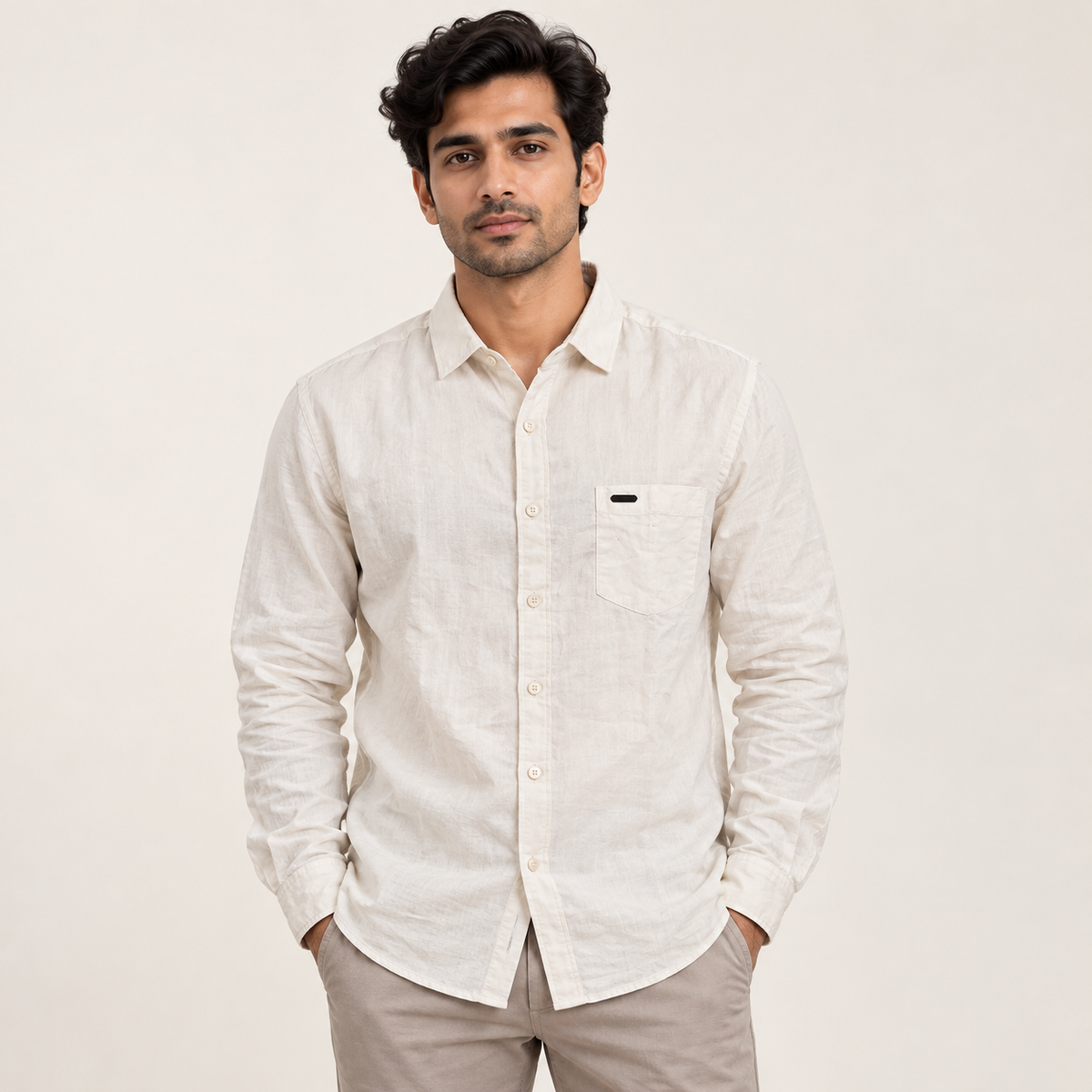Plain Full Sleeve Pocket Shirt - Cream model-front