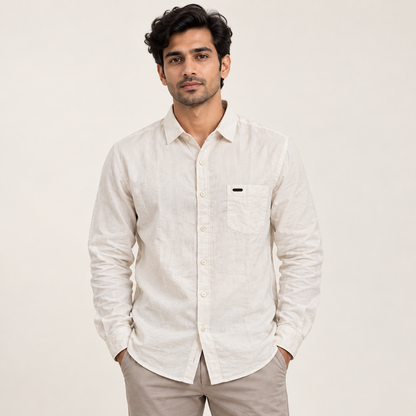 Plain Full Sleeve Pocket Shirt - Cream model-front