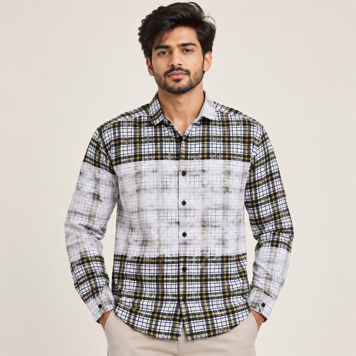Panel Check Full Sleeve Shirt - White Olive Black model-front