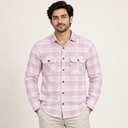 Check Double Pocket Full Sleeve Shirt - Pink White model-front