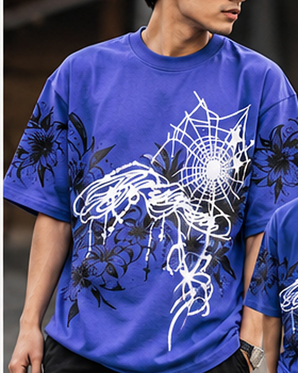 Lavender Blue floral spiderweb graphic oversized T-shirt, premium styled front model photo