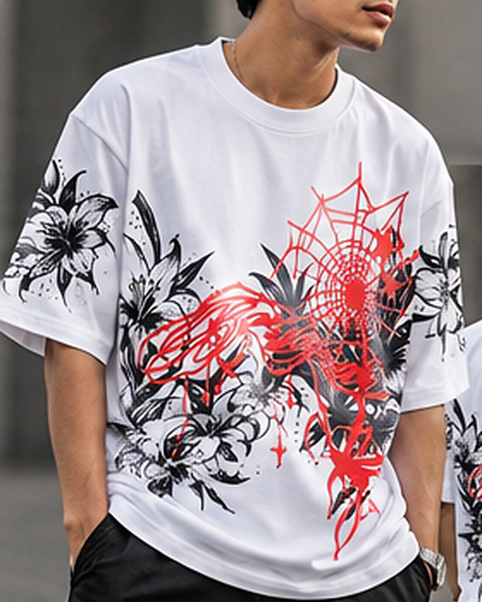 White floral spiderweb graphic oversized T-shirt, premium styled front model photo