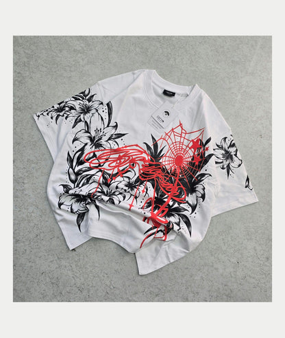 White floral spiderweb graphic oversized T-shirt, original physical product front photograph