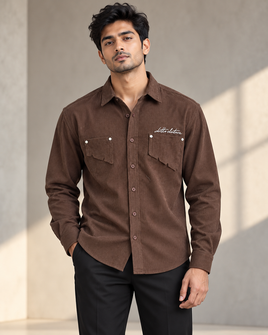 Brown textured double pocket full sleeve shirt on model — front view