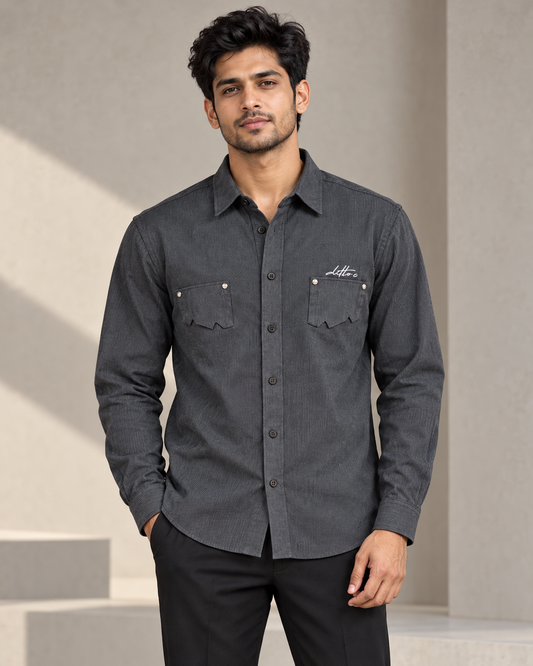 Dark Grey textured double pocket full sleeve shirt on model — front view