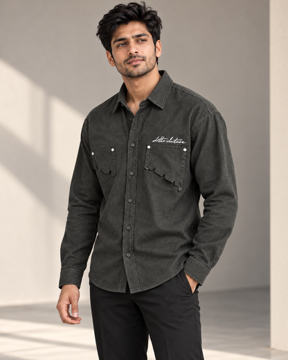 Dark Olive textured double pocket full sleeve shirt on model — three-quarter front view