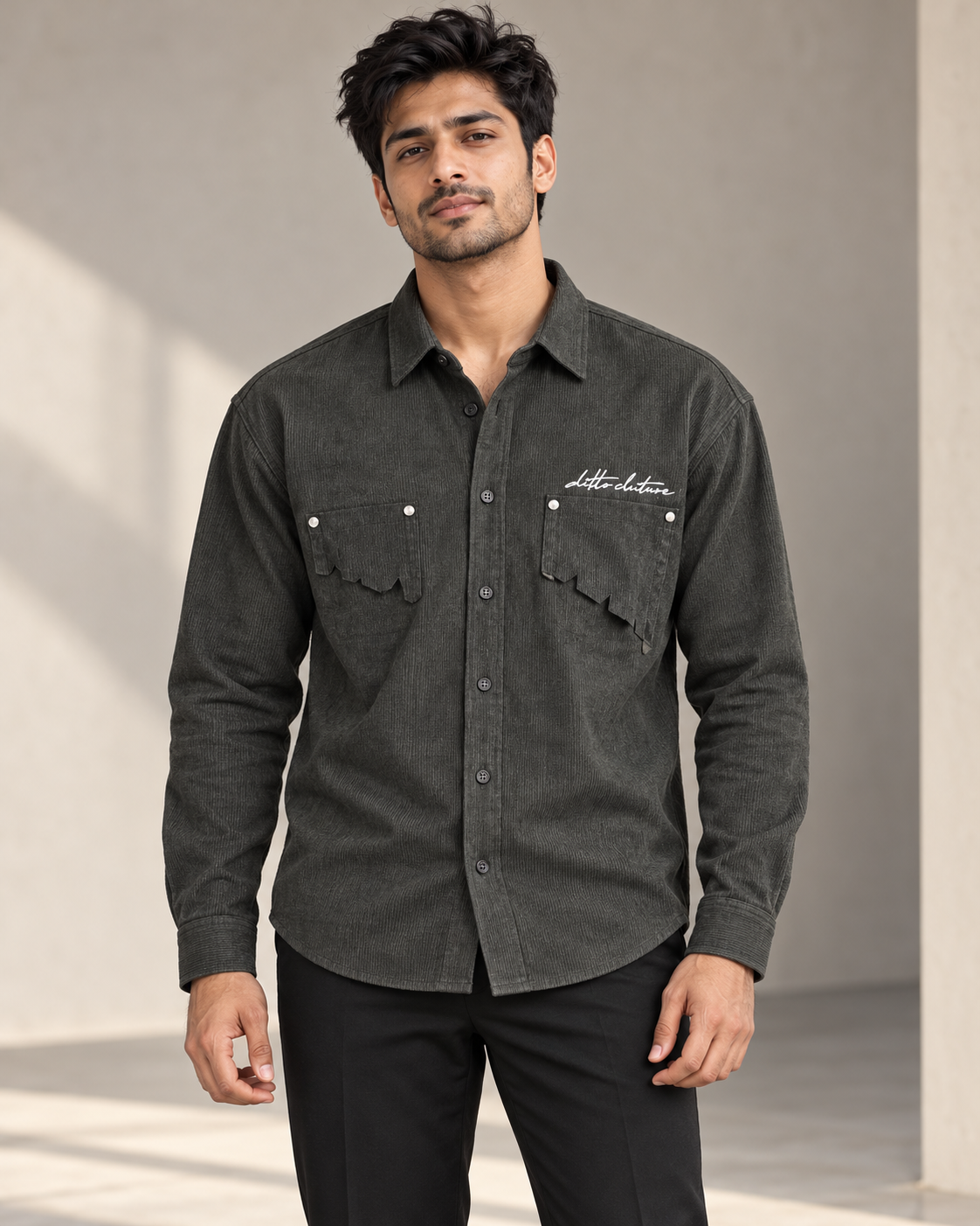 Dark Olive textured double pocket full sleeve shirt on model — front view