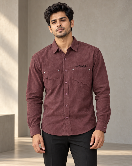 Maroon textured double pocket full sleeve shirt on model — front view